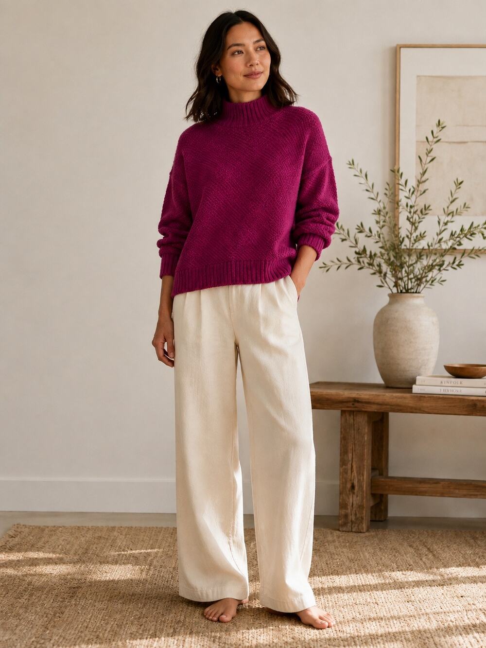Eileen Fisher 87% Organic Linen Mock Neck Textured Knit Sweater Magenta